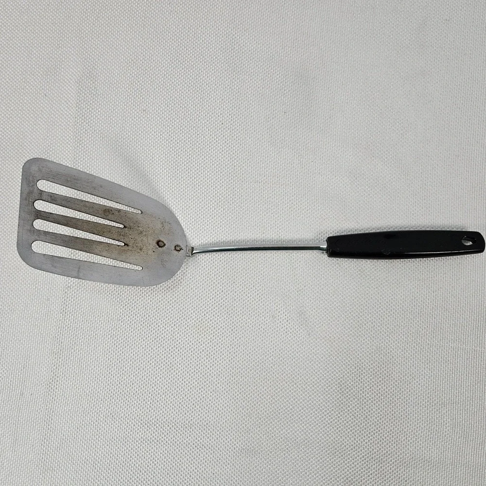 Vintage Foley USA Slotted Spatula Turner Chrome Plated Black Plastic Handle